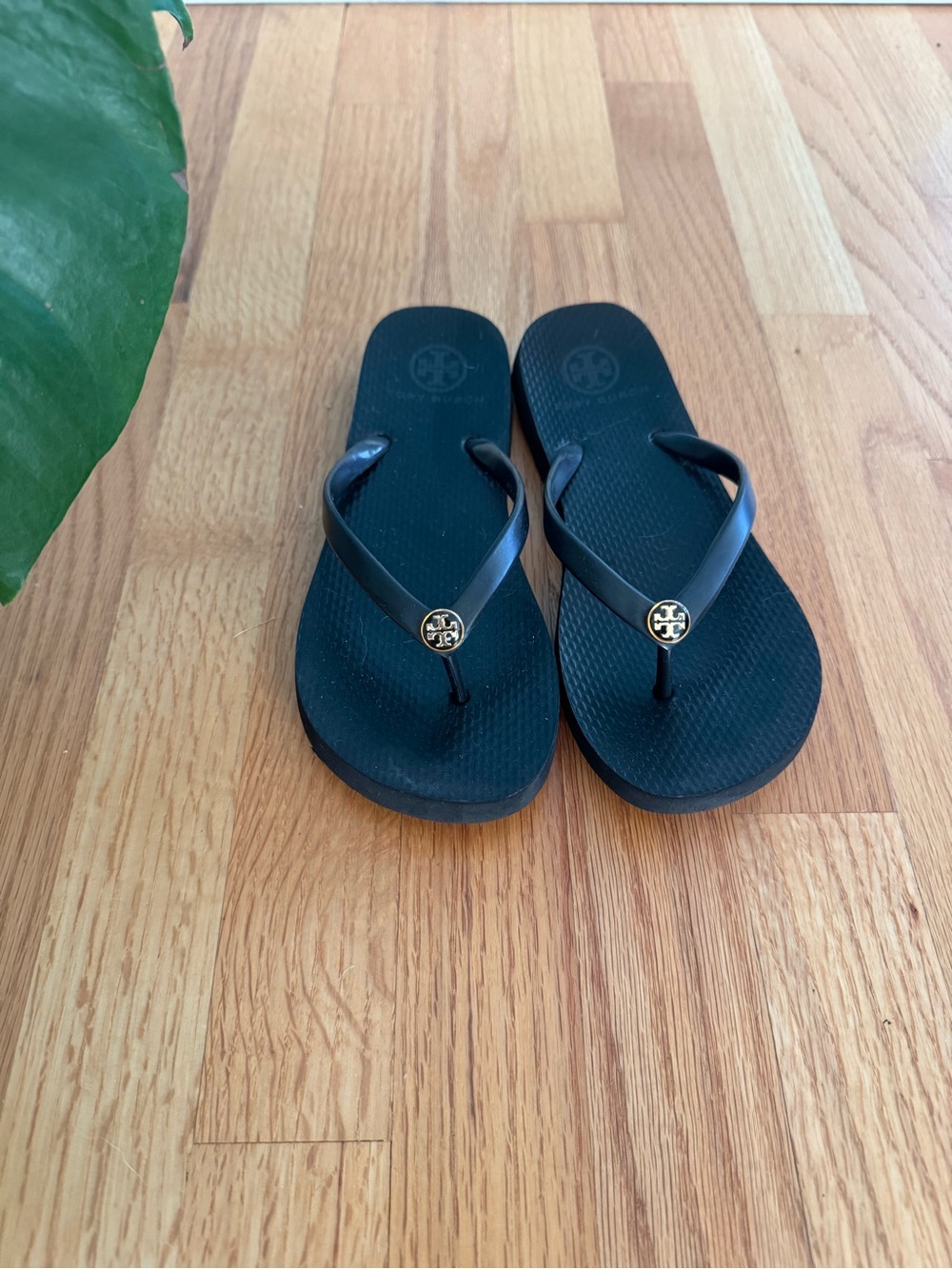 Tory Burch Black Flip Flop Sandals with Gold Logo